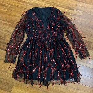 Cupshe Sequin Party Dress Women Size Large Black Red Long Sleeve Mini Mesh Tulle